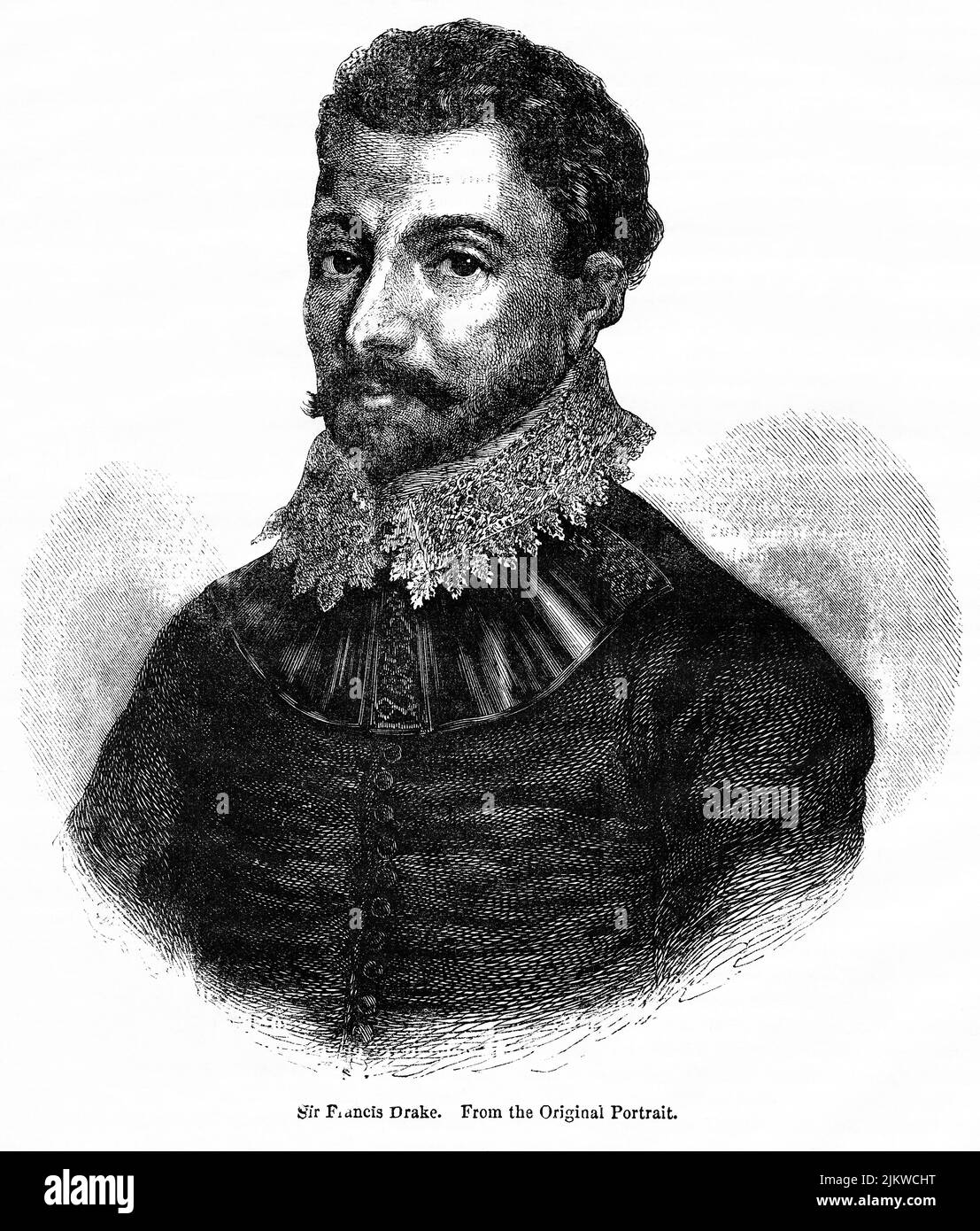 Sir Francis Drake, Illustrazione dal Libro, 'John Cassel’s Illustrated History of England, Volume II', testo di William Howitt, Cassell, Petter, and Galpin, Londra, 1858 Foto Stock