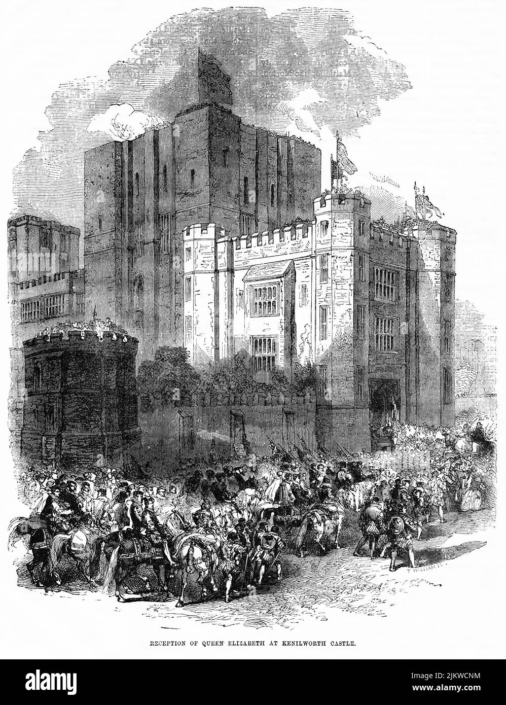 Accoglienza della regina Elisabetta al castello di Kenilworth, illustrazione del libro "John Cassel’s Illustrated History of England, Volume II", testo di William Howitt, Cassell, Petter, and Galpin, Londra, 1858 Foto Stock