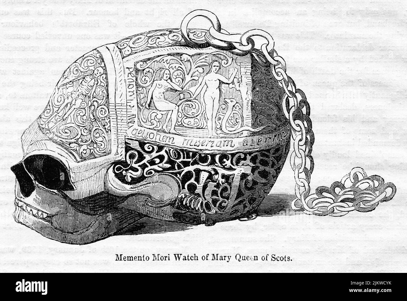 Memento Mori Watch of Mary Queen of Scots, Illustration from the Book, 'John Cassel’s Illustrated History of England, Volume II', testo di William Howitt, Cassell, Petter, and Galpin, Londra, 1858 Foto Stock