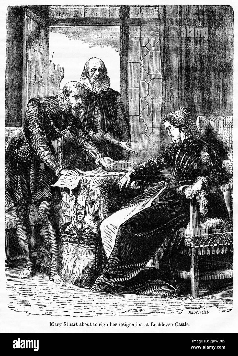 Mary Stuart sta per firmare le sue dimissioni al castello di Lochlevan, illustrazione dal libro, 'John Cassel’s Illustrated History of England, Volume II', testo di William Howitt, Cassell, Petter, e Galpin, Londra, 1858 Foto Stock