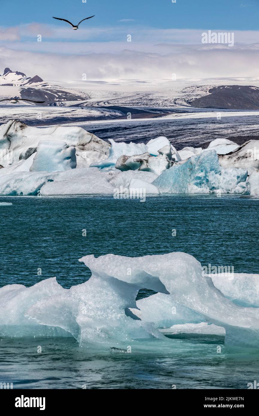 Il ghiacciaio Vatnajokull sull'Islanda, pezzi di ghiaccio che scorrono nell'acqua, montagne sullo sfondo Foto Stock