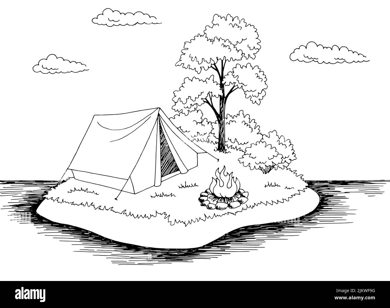 Isola campeggio grafico bianco nero paesaggio disegno vettore Illustrazione Vettoriale