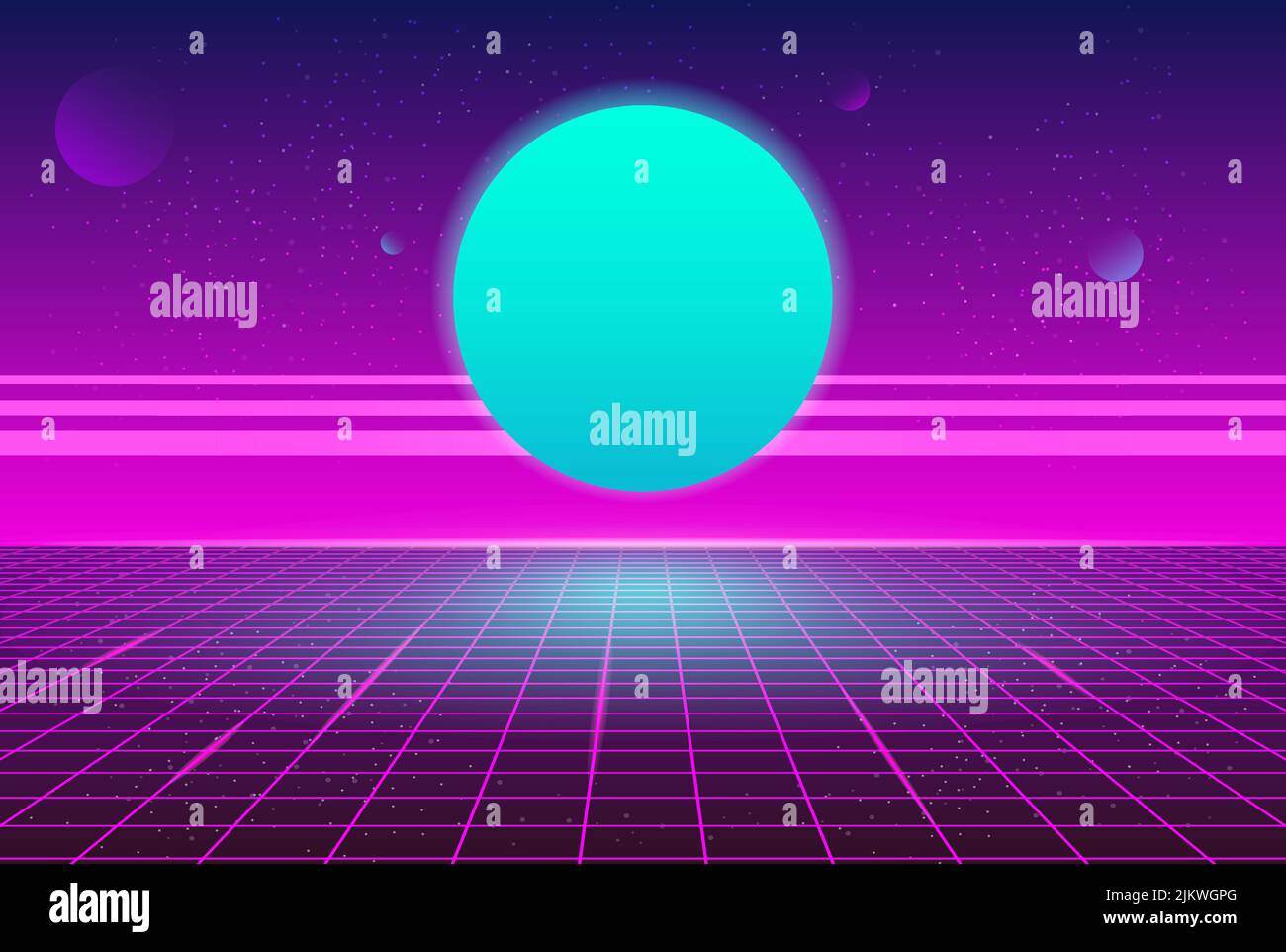Synthwave retro Blue Planet Neon Grid sfondo 80s futuristico Party Style sfondo Illustrazione Vettoriale