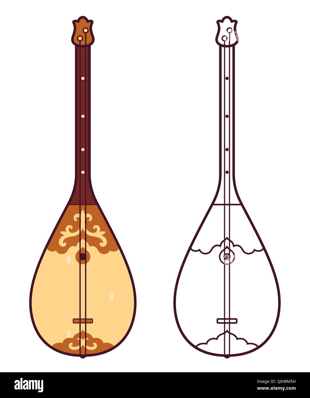 Dombra, strumento musicale tradizionale kazako. Disegno a colori e in bianco e nero. Illustrazione grafica della clip vettoriale. Illustrazione Vettoriale