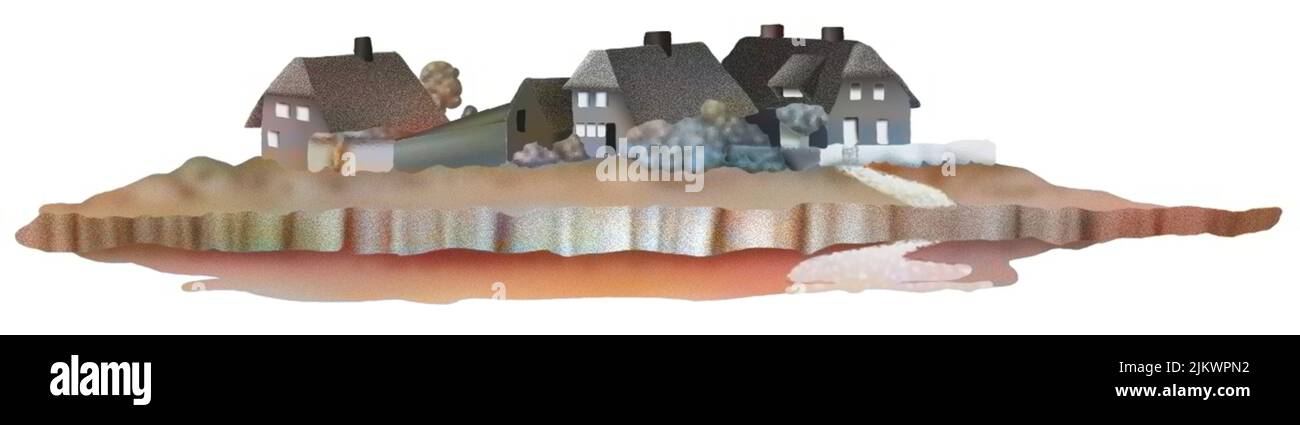 Rappresentazione di un villaggio in stile ingenuo isolato su sfondo bianco. Foto Stock