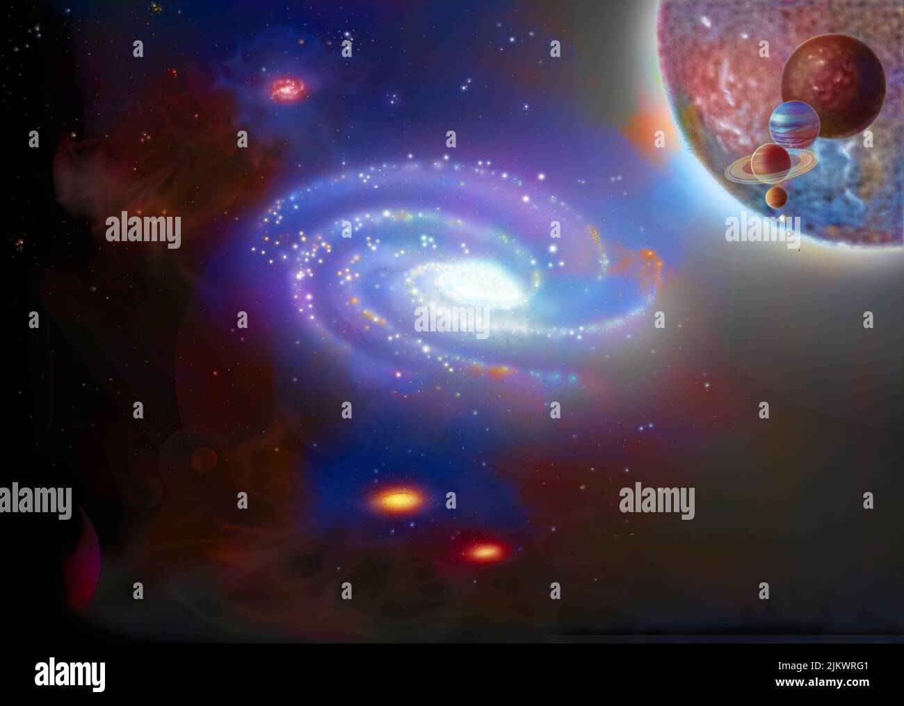 Via Lattea al centro e scala di stelle diverse (Dwarf Rosso, Sole.) Sulla destra. Foto Stock