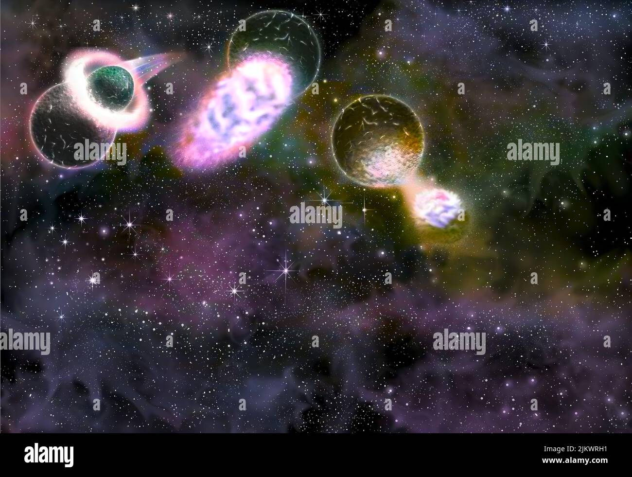 Luna (formazione), stadio 1 a 3: Collisione di pianeti, fusione di nuclei e raccolta di detriti. Foto Stock