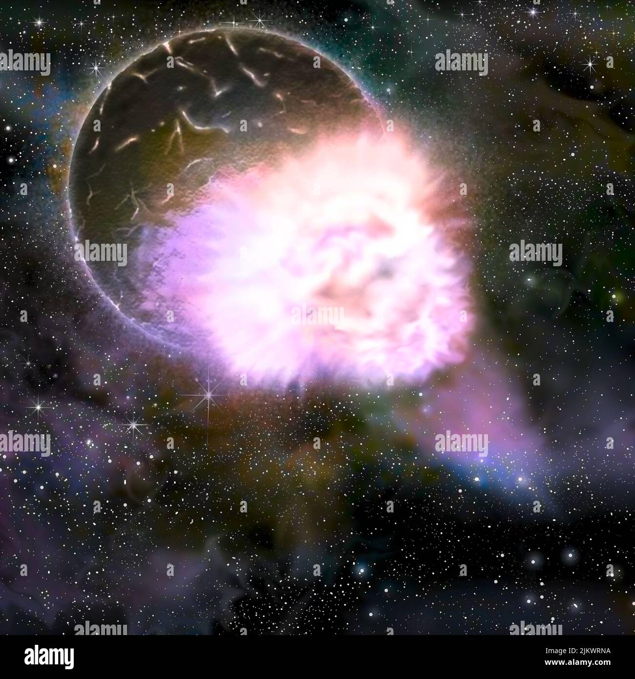 Luna (formazione) fase 4: I detriti raccolti cadono di nuovo sulla Terra causando una collisione. Foto Stock