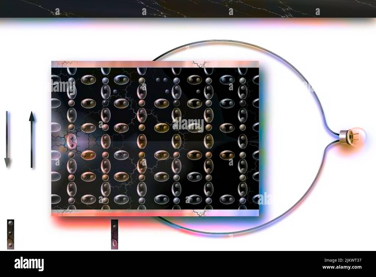 Funzionamento di una cella solare fotovoltaica (REST): Senza luce, gli atomi non sono eccitati. Foto Stock