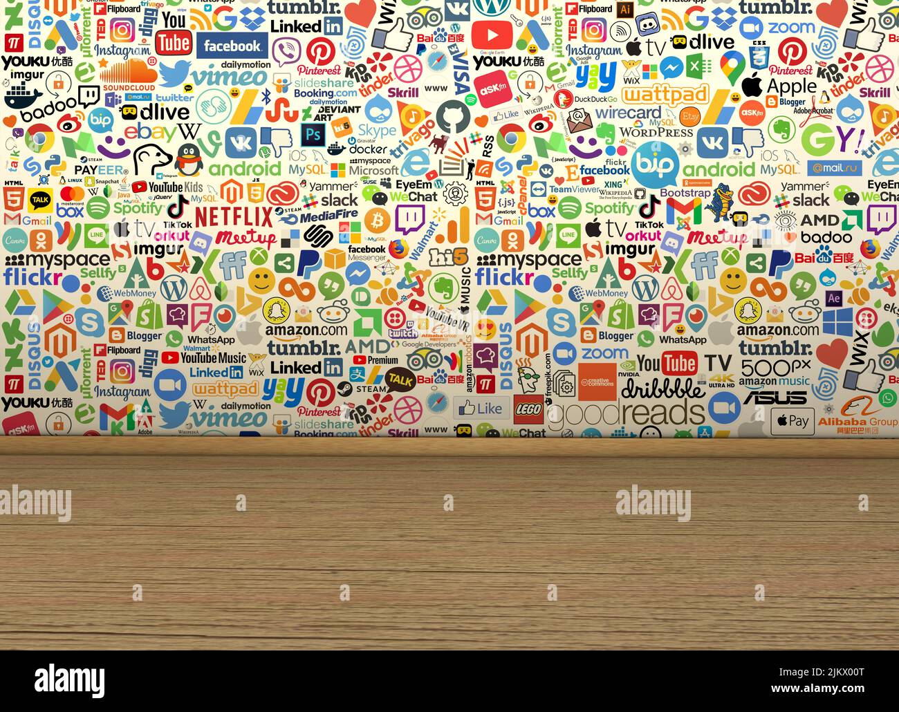 Un primo piano di diverse icone dei social media su una parete Foto Stock