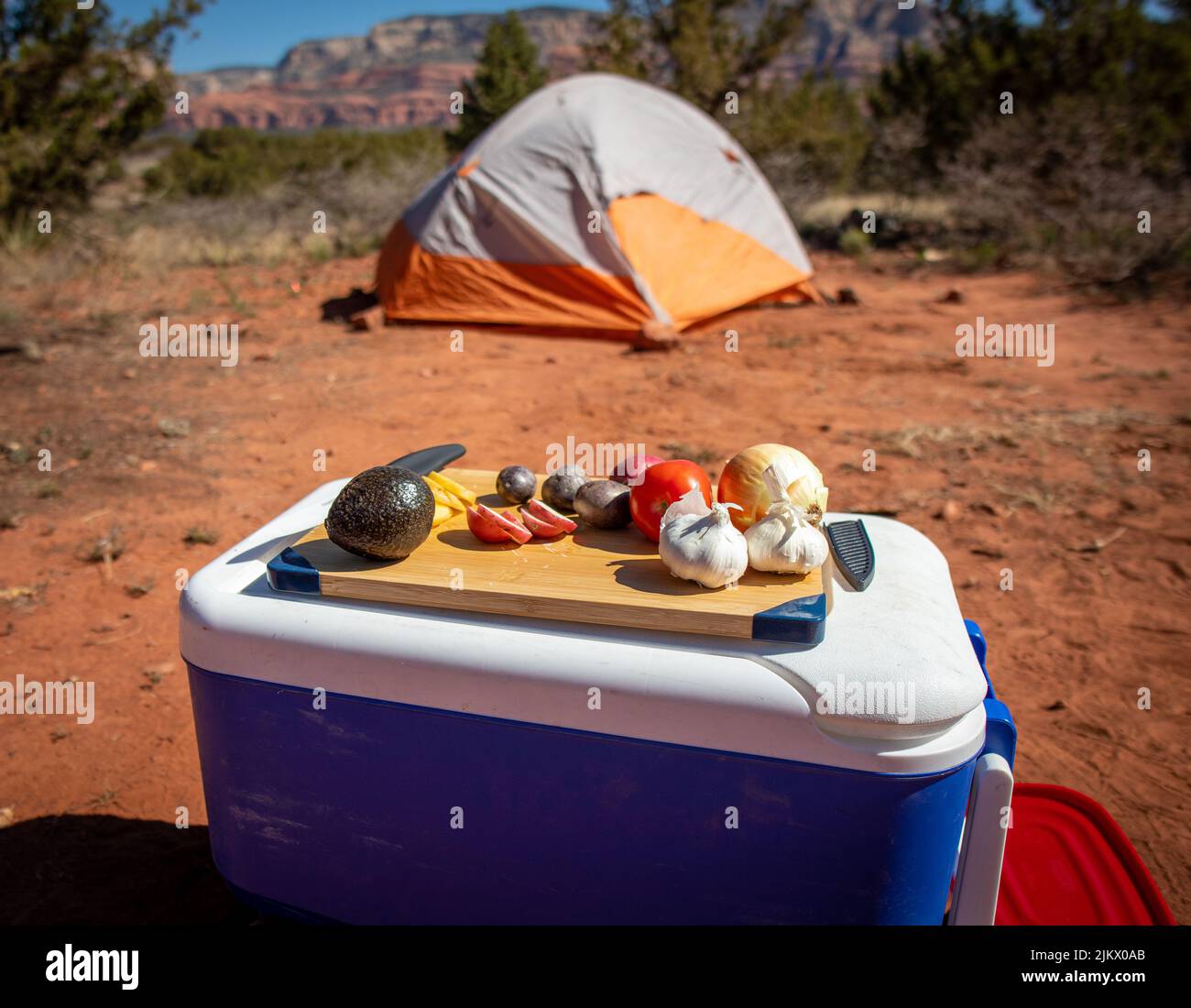 Un primo piano di verdure fresche in cima a una scatola refrigerata in un campeggio a Sedona, Arizona Foto Stock