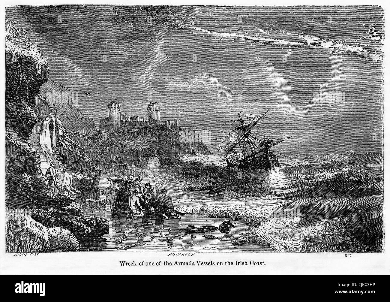 Relitto di una delle navi Armada sulla Costa d’Irlanda, illustrazione del libro “John Cassel’s Illustrated History of England, Volume II”, testo di William Howitt, Cassell, Petter e Galpin, Londra, 1858 Foto Stock