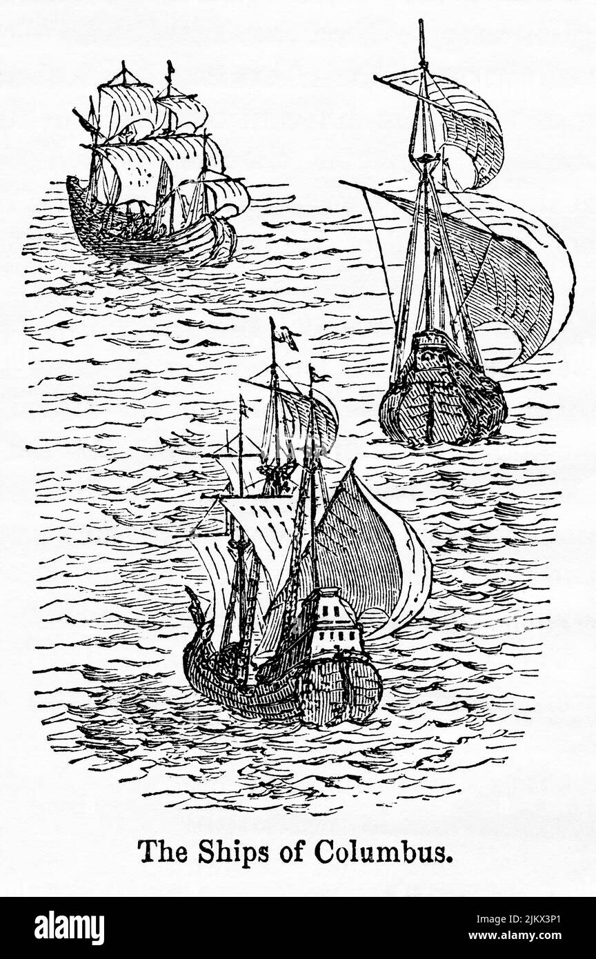 The Ships of Columbus, Illustration from the Book, 'John Cassel’s Illustrated History of England, Volume II', testo di William Howitt, Cassell, Petter, and Galpin, Londra, 1858 Foto Stock