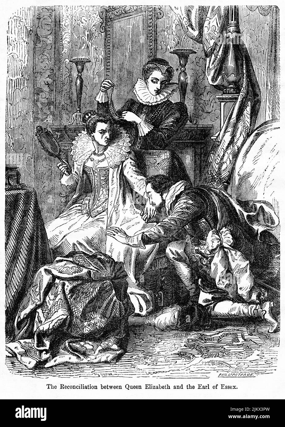 La riconciliazione tra la regina Elisabetta e il conte dell’Essex, illustrazione del libro “John Cassel’s Illustrated History of England, Volume II”, testo di William Howitt, Cassell, Petter, e Galpin, Londra, 1858 Foto Stock