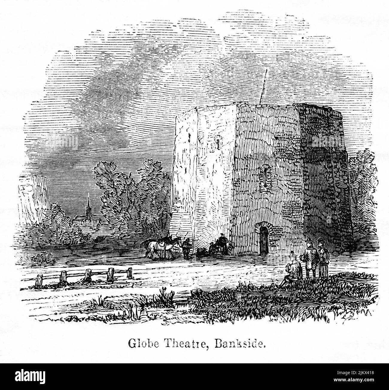 Globe Theatre, Bankside, Illustrazione dal libro, 'John Cassel’s Illustrated History of England, Volume II', testo di William Howitt, Cassell, Petter, and Galpin, Londra, 1858 Foto Stock