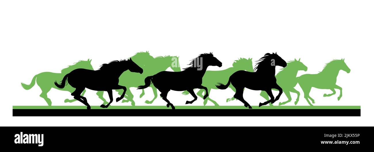 Mandria di cavalli galoppo veloce. Silhouette dell'immagine. Animali selvatici e domestici. Isolato su sfondo bianco. Vettore Illustrazione Vettoriale