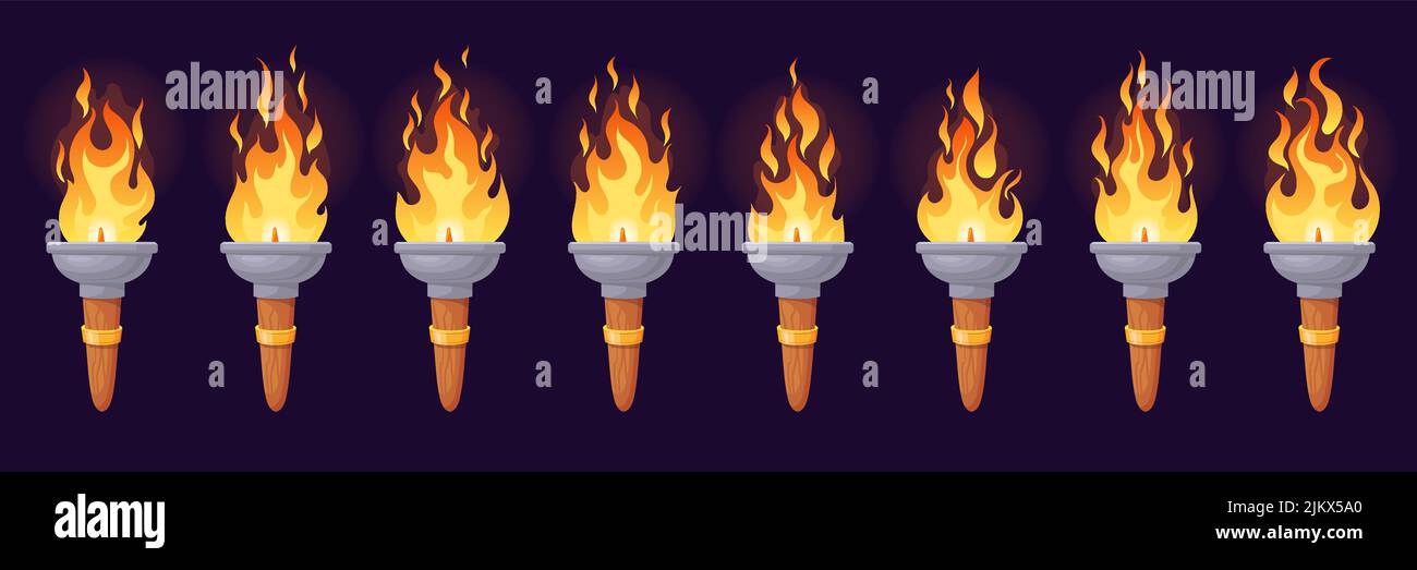 Animazione torcia. Fuoco animato marca, fiamma vecchia candela o medievale falò spiaggia pilastro, cartone animato scintilla fiamme 2D sequenza loop magico luce bruciante effetto, vettore illustrazione di fuoco animazione torcia Illustrazione Vettoriale