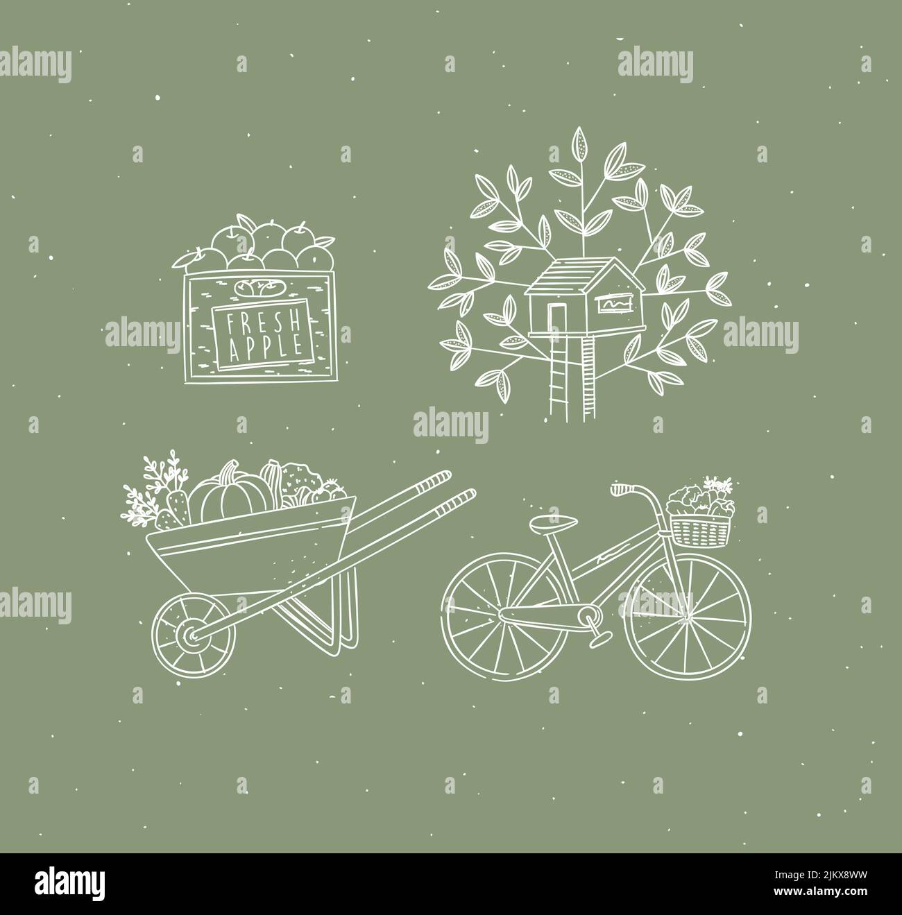 Collezione villaggio di icone crata di mele, treehouse, carrello di verdure, disegno in bicicletta in stile grafico su sfondo verde Illustrazione Vettoriale