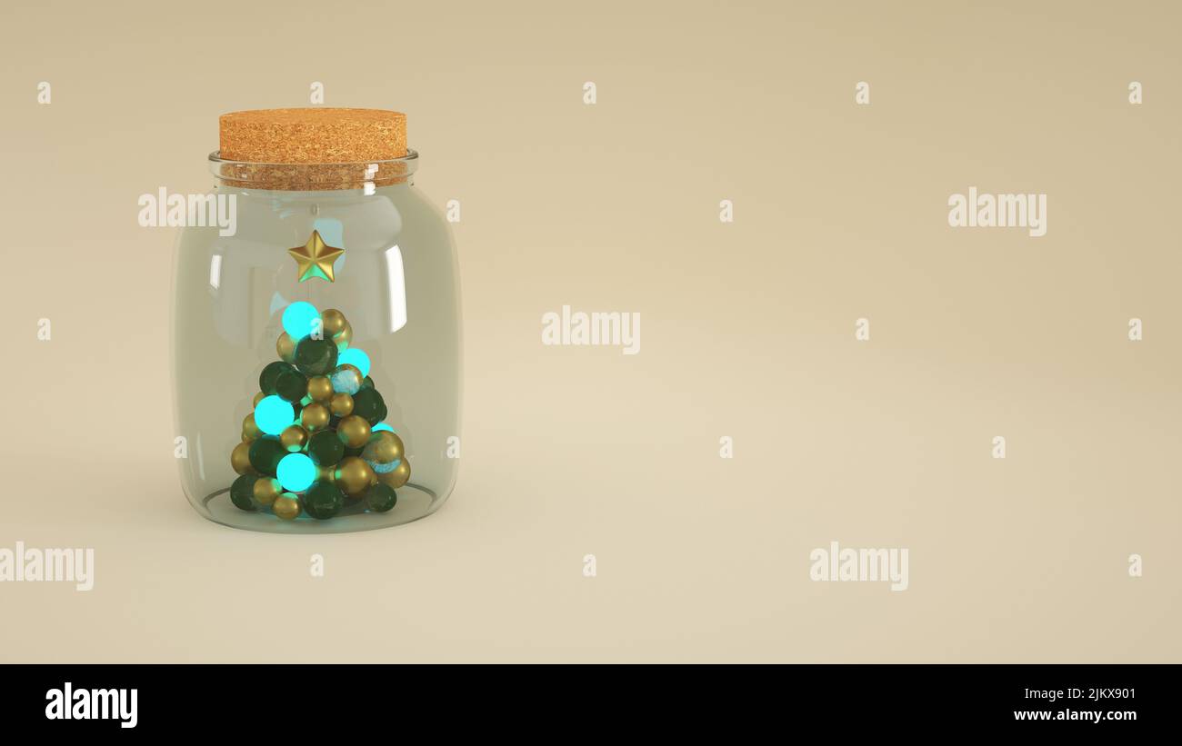 Un piccolo albero di Natale all'interno di un vaso di vetro con spazio per il testo isolato su uno sfondo rosa Foto Stock