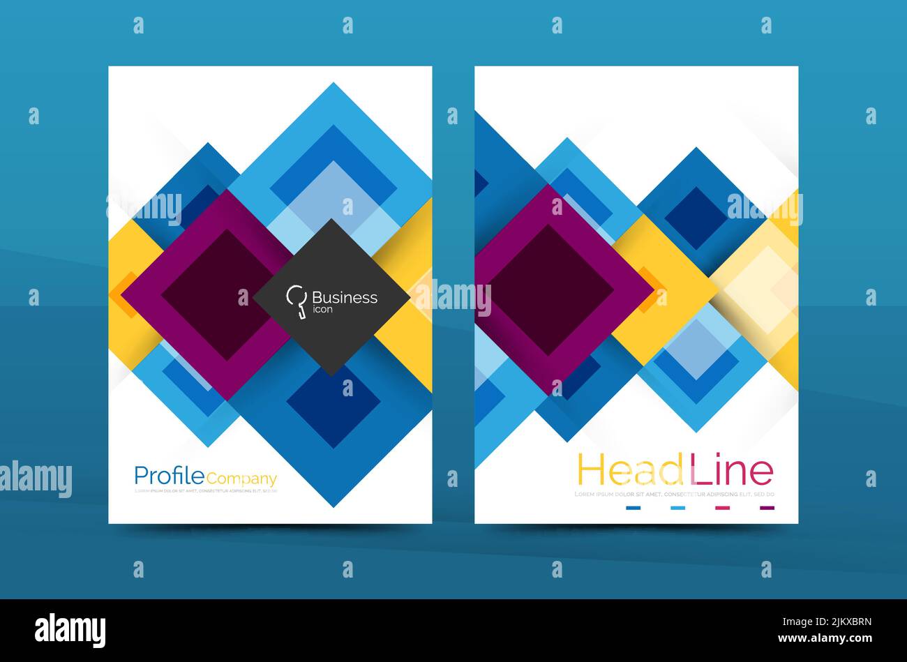 Set di pagine anteriori e posteriori in formato A4, modelli di progettazione di report annuali aziendali. Sfondi quadrati geometrici. Illustrazione vettoriale Illustrazione Vettoriale
