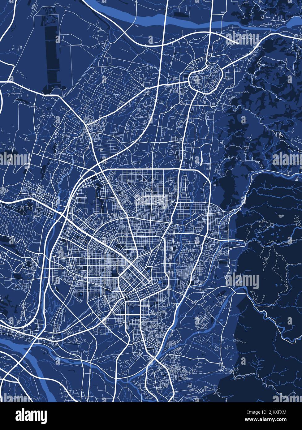 Poster dettagliato della mappa vettoriale dell'area amministrativa della città di Taichung. Panorama blu dello skyline. Carta turistica grafica decorativa del territorio di Taichung. Royalty Illustrazione Vettoriale