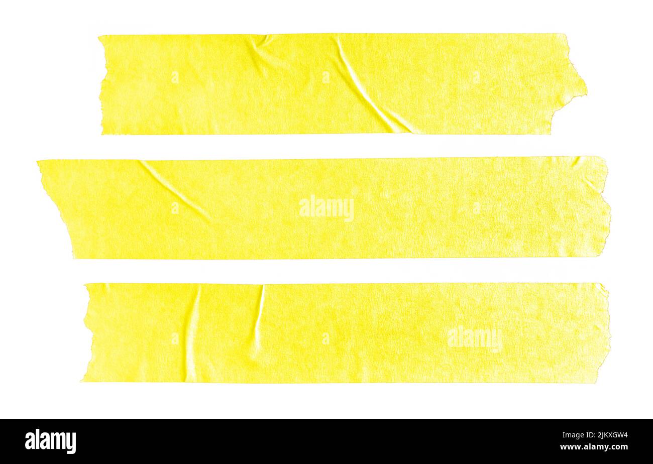 Set di tre adesivi bianchi a nastro di carta gialli isolati su sfondo bianco. Modello mock up Foto Stock