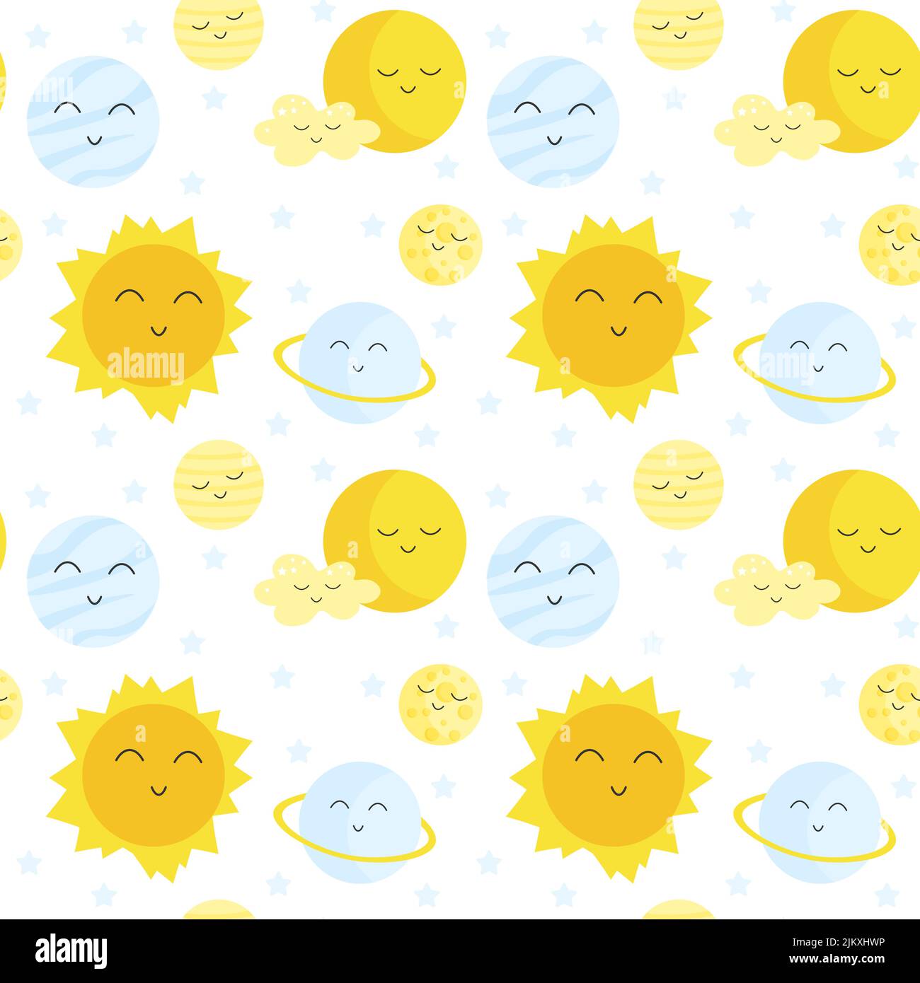 Collezione cielo con carini pianeti kawaii, luna e comete. Disegno vettoriale. Collezione SKY. Illustrazione Vettoriale