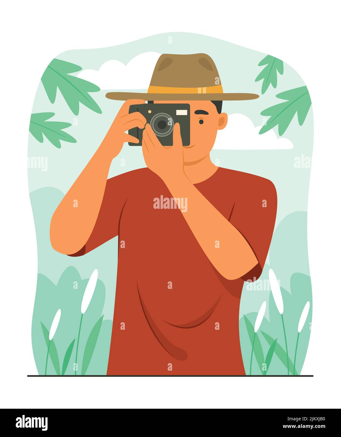 Giovane uomo concentrato per scattare foto. Illustrazione Vettoriale