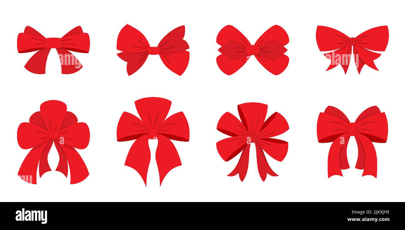 Rosso fiocco festa regalo nastro xmas set piatto. Decorazione evento importante presente segno attenzione. Differente cravatta forma decor camera prodotto matrimonio vacanza confezione elemento San Valentino amore isolato Illustrazione Vettoriale