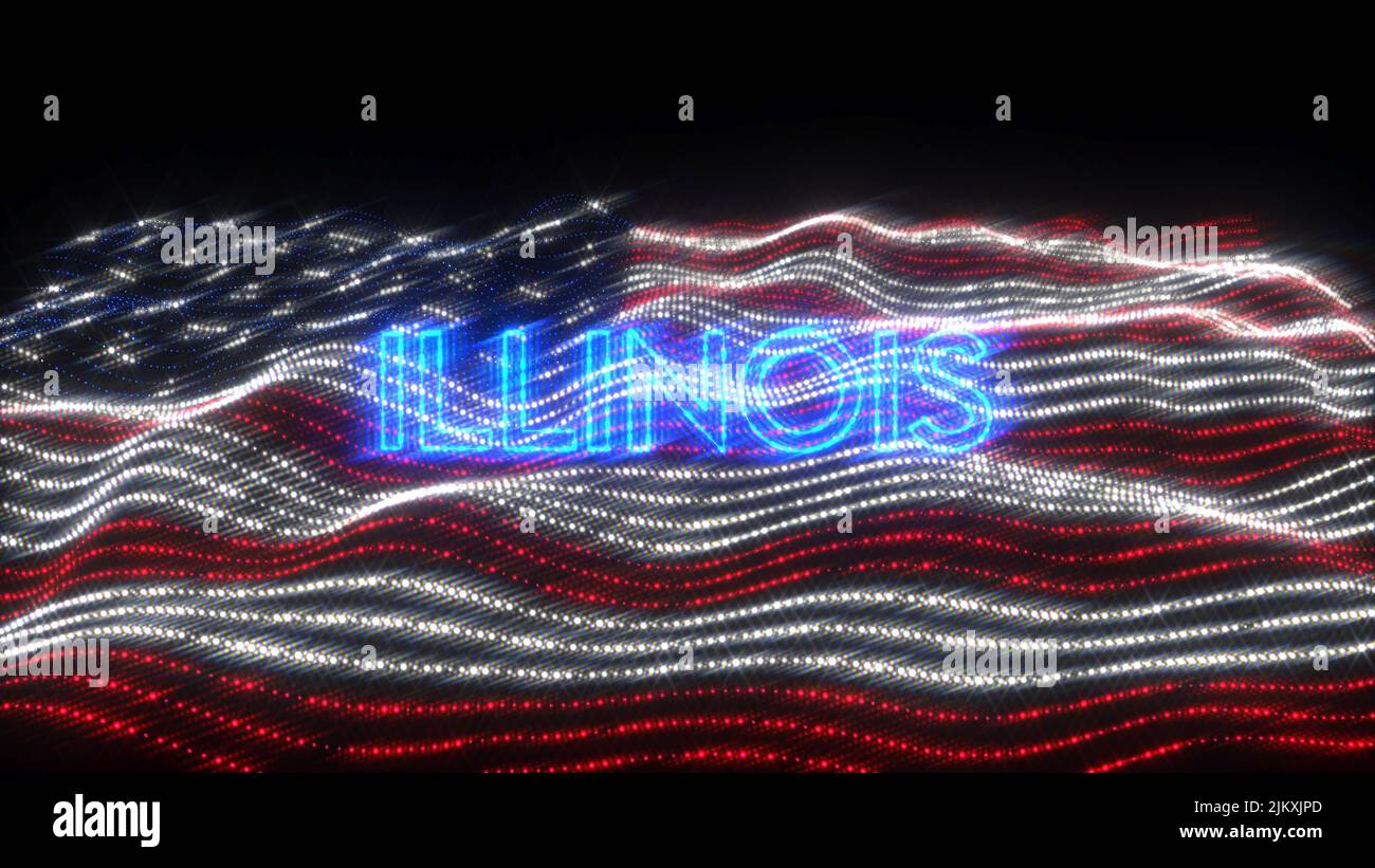 Una bandiera ondulata degli Stati Uniti con lettere al neon che dicono Illinois su uno sfondo nero Foto Stock