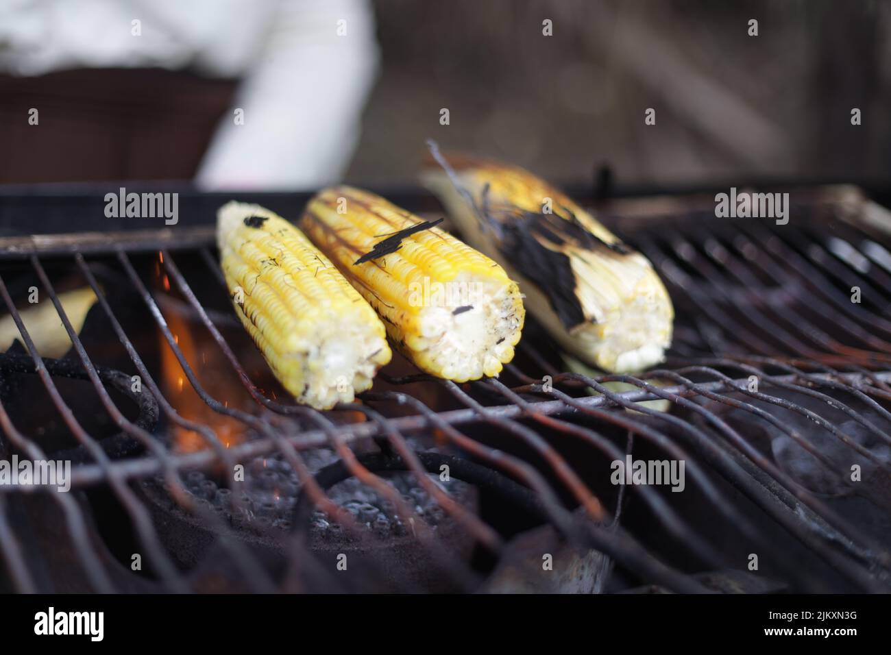 Un focus selettivo di mais cotto su una griglia barbecue in un mercato Foto Stock