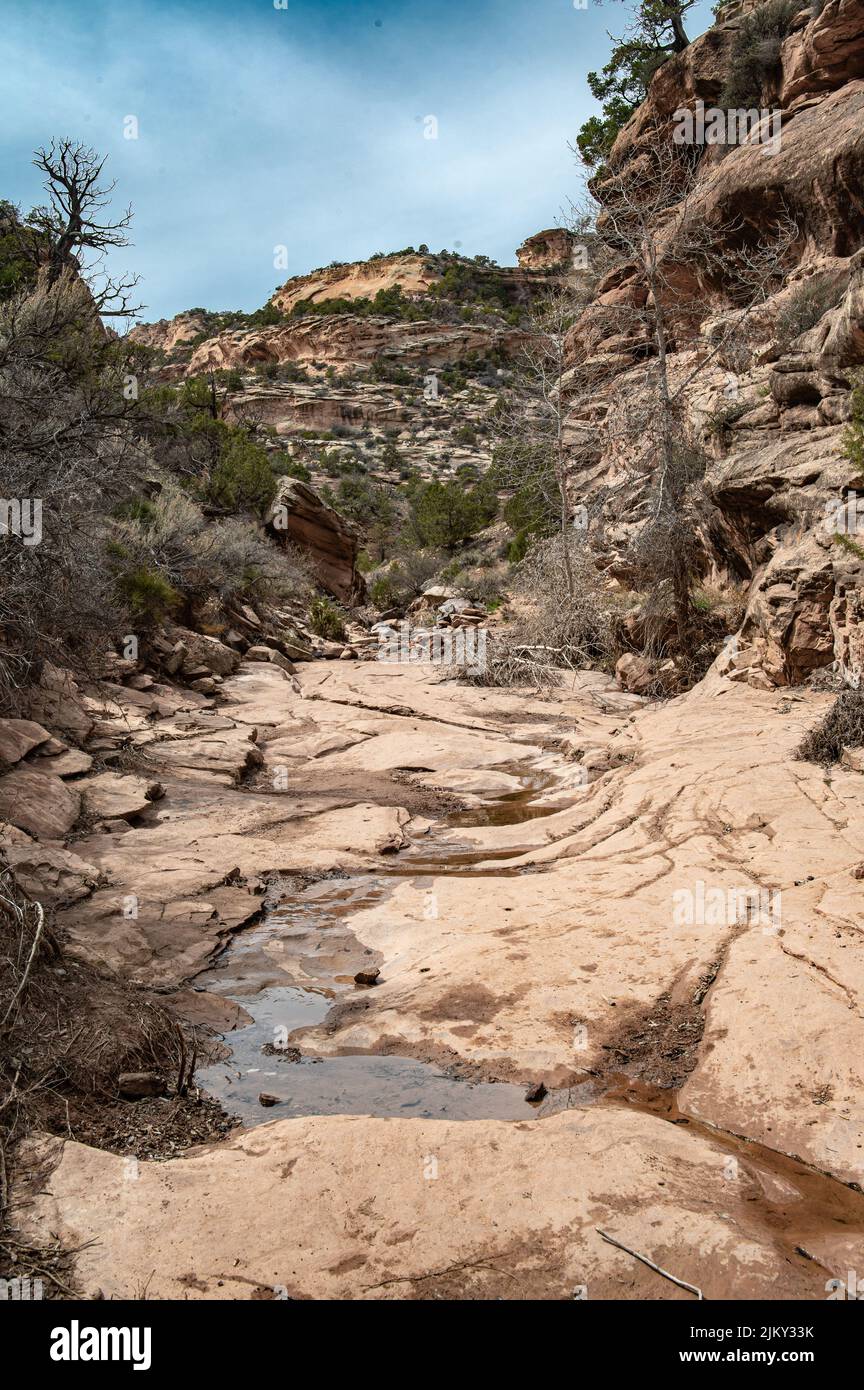 Un terreno bagnato nel deserto circondato da montagne rocciose Foto Stock