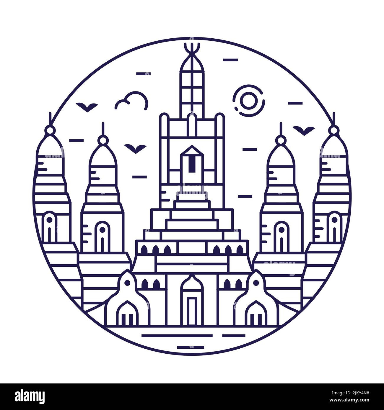 Wat Arun Tempio di Dawn Bangkok linea cerchio icona Illustrazione Vettoriale