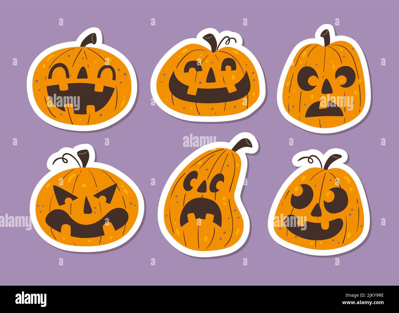 Halloween Pumpkins Sticker Collection. Divertenti clipart di Halloween pumpkins disegnate a mano. Illustrazione vettoriale. Set 2 di 2. Illustrazione Vettoriale