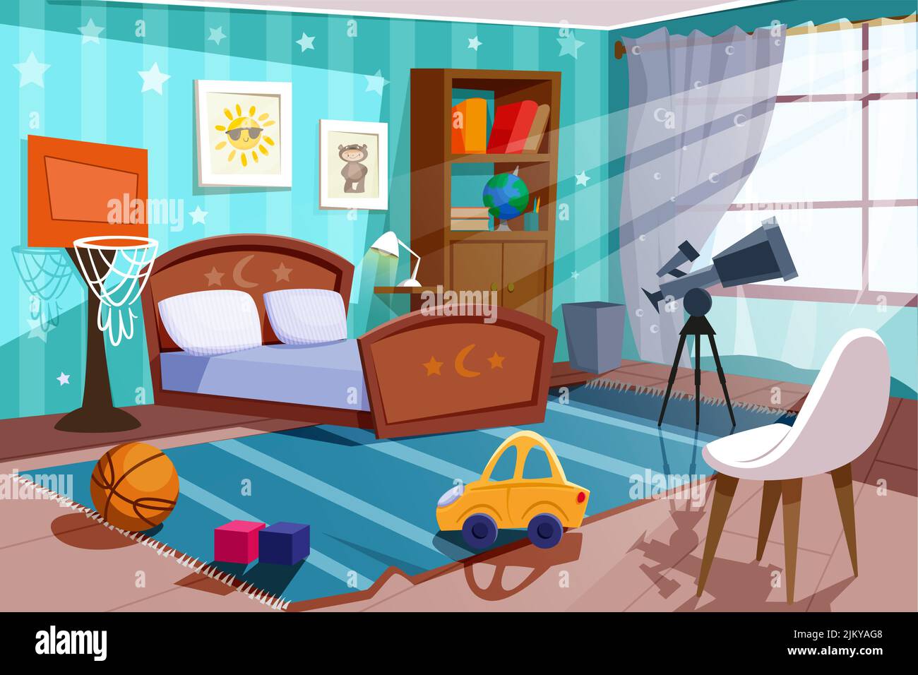 Camera da letto vuota del ragazzo del cartone animato nei colori blu con il  letto, la sedia, la libreria, le immagini sulla parete e la finestra larga.  Camera per bambini interna con