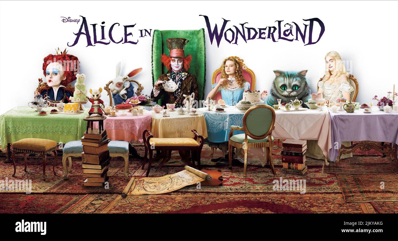 HELENA Bonham Carter, il Coniglio Bianco, Johnny Depp, MIA WASIKOWSKA, il Cheshire cat, Anne Hathaway POSTER, Alice nel paese delle meraviglie, 2010 Foto Stock