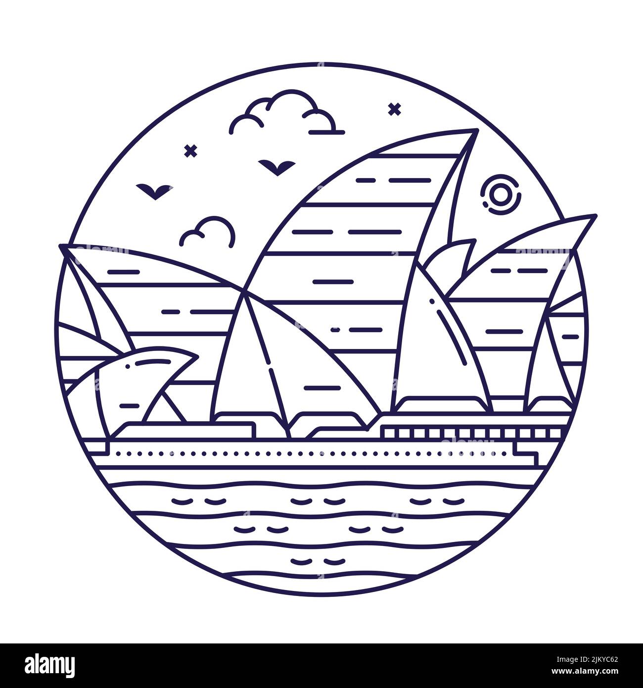 Icona del cerchio della Sydney Opera House in Line Art Illustrazione Vettoriale