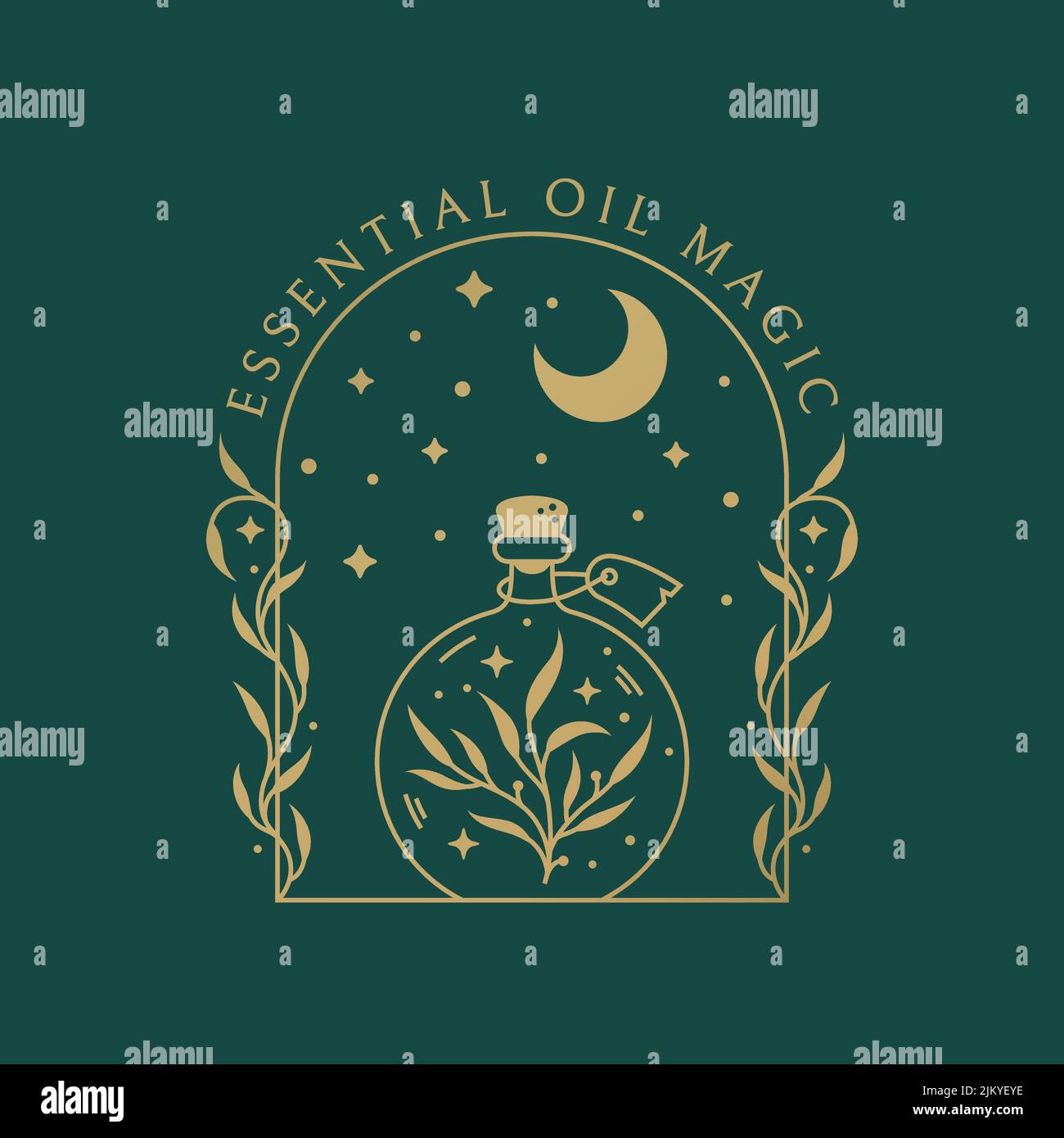 Modello di logo con pozione a base di erbe. Emblema vettore boho per oli essenziali, aromaterapia, guarigione botanica, erbe medicinali, prodotti naturali di bellezza, ecc.. Illustrazione Vettoriale