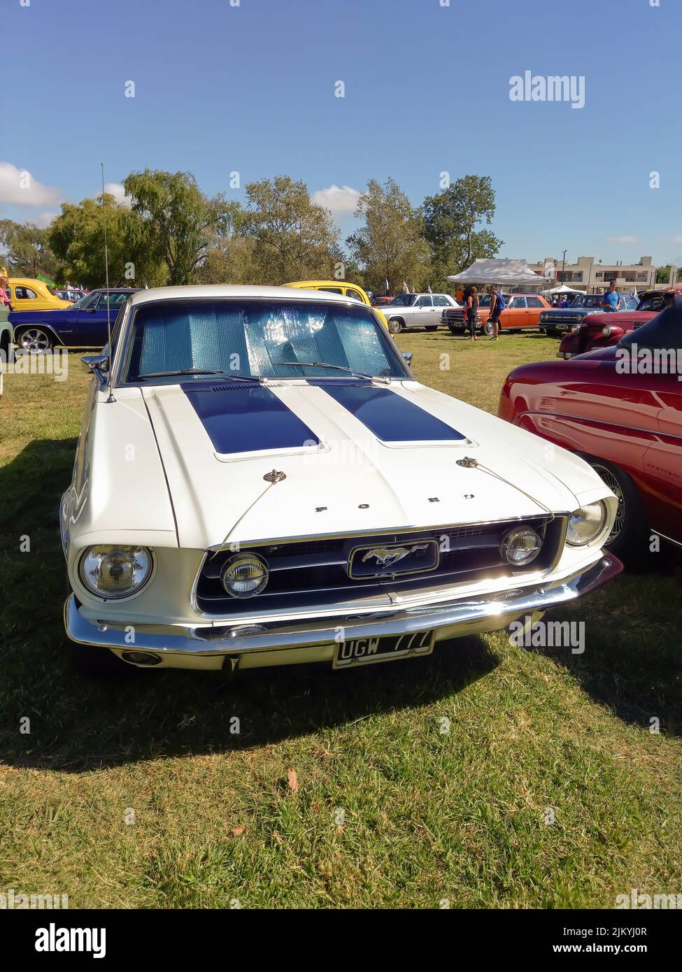 Chascomus, Argentina - Apr 9, 2022 - White sport muscle Ford Mustang 289 V8 coupé circa 1967 parcheggiato sull'erba. Giorno di sole. Mostra di auto classiche. Foto Stock