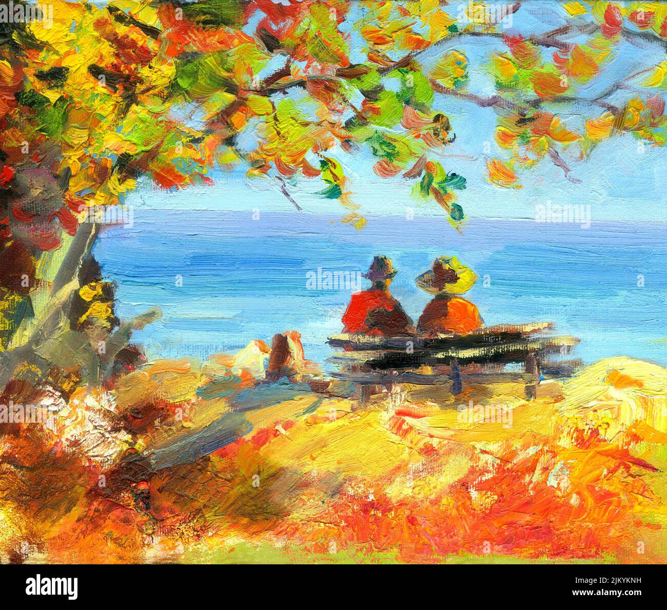 Un dipinto ad olio raffigurante una coppia anziana seduta sulla panchina sul lungolago Foto Stock