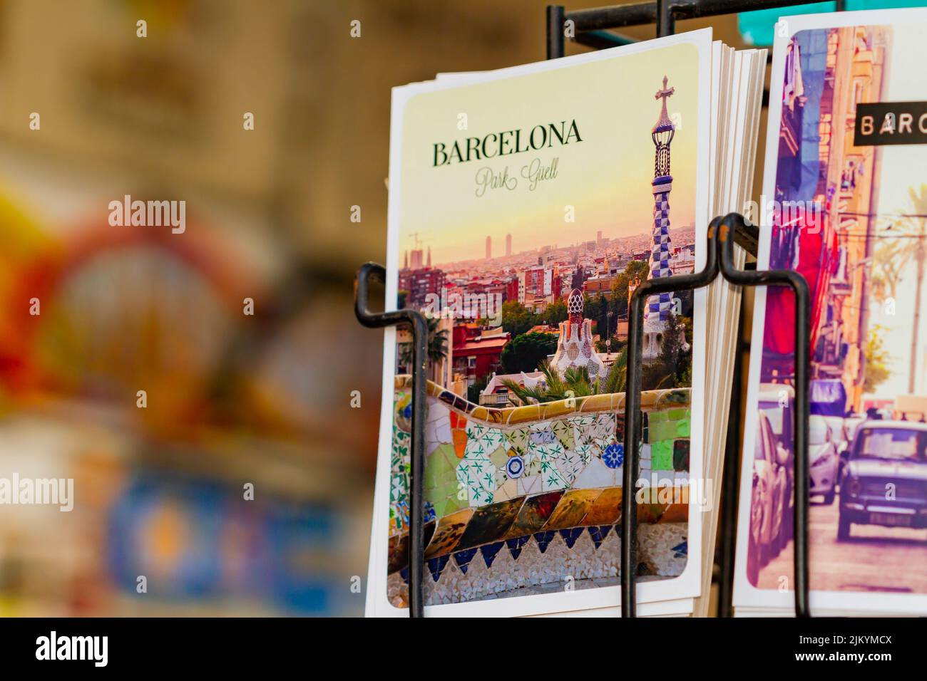 Barcellona, Spagna - 4 aprile 2022: Cartolina sulla Rambla de Barcelona (Spagna), concetto di viaggio. Foto Stock