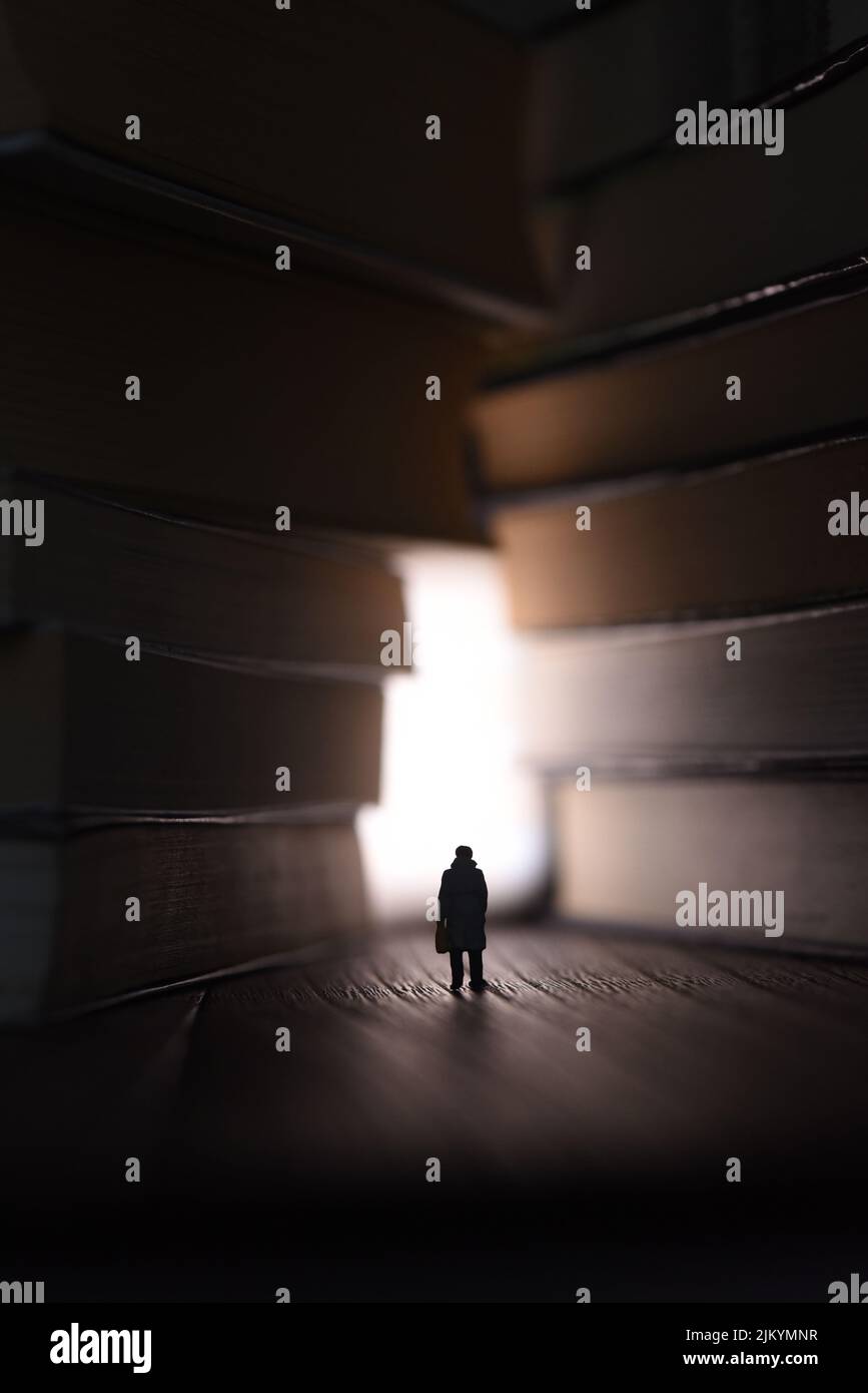 Uno scatto verticale di una statuetta di un uomo che cammina alla luce attraverso i libri - concetto di educazione Foto Stock