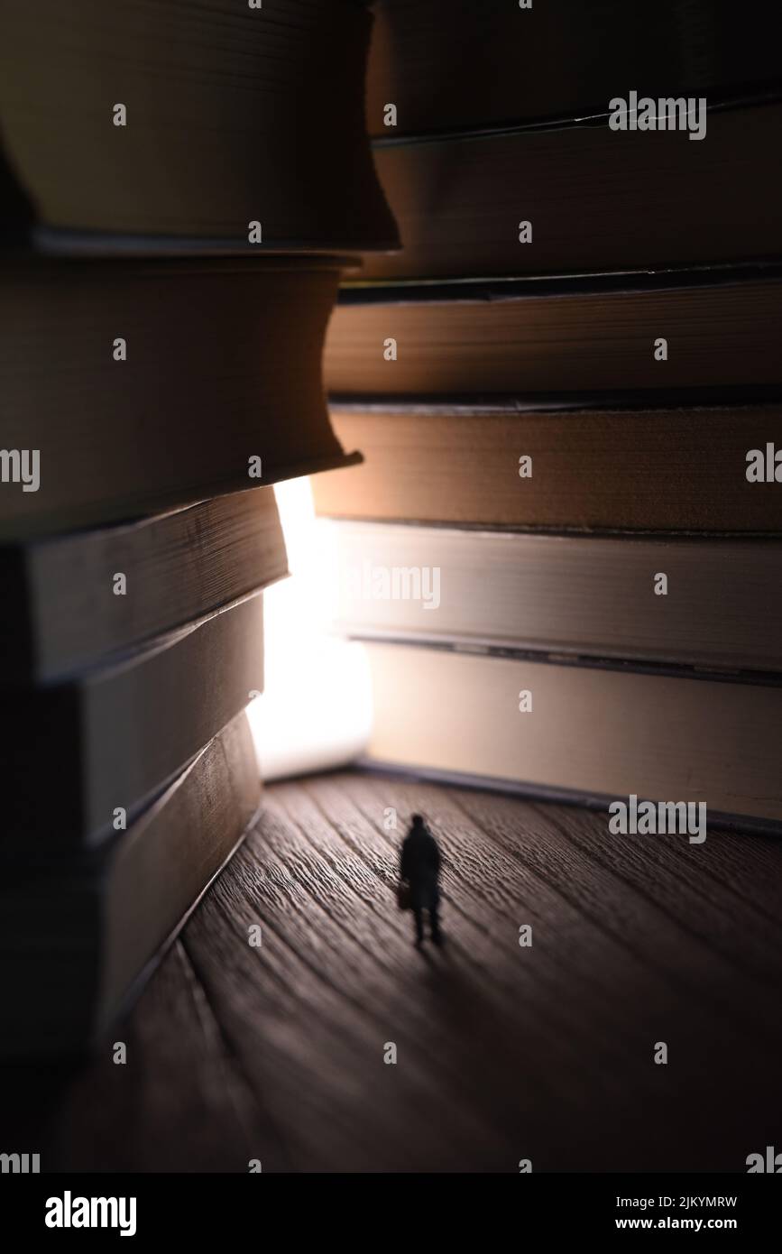 Uno scatto verticale di una statuetta di un uomo che cammina alla luce attraverso i libri - concetto di educazione Foto Stock