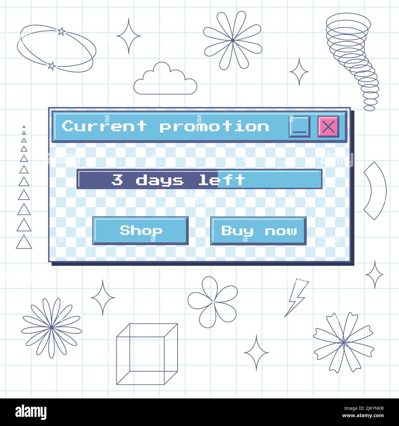 Finestra retrò con barra di avanzamento e pulsanti - Acquista ora. Estetica nostalgica di un vecchio computer.retro 90s interfaccia utente. Rutalismo, Y2K decorativo Illustrazione Vettoriale