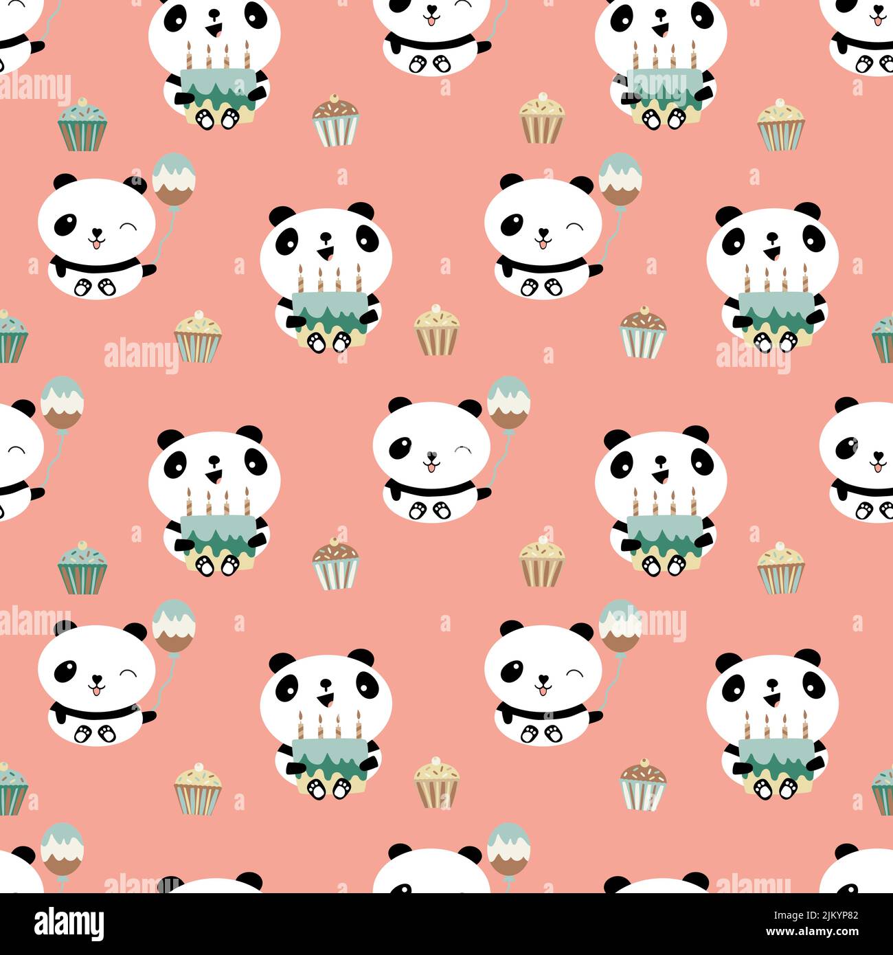 Kawaii panda felice compleanno vettore senza cuciture pattern sfondo. Sfondo carino con ridenti orsi cartoni animati che tengono torte, palloncini, cupcake. Teal rosa Illustrazione Vettoriale