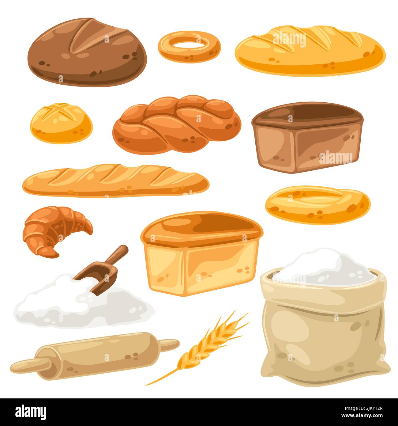 Set di vari tipi di pane per la cottura. Immagine per panifici e alimentari. Cibo tradizionale sano. Illustrazione Vettoriale