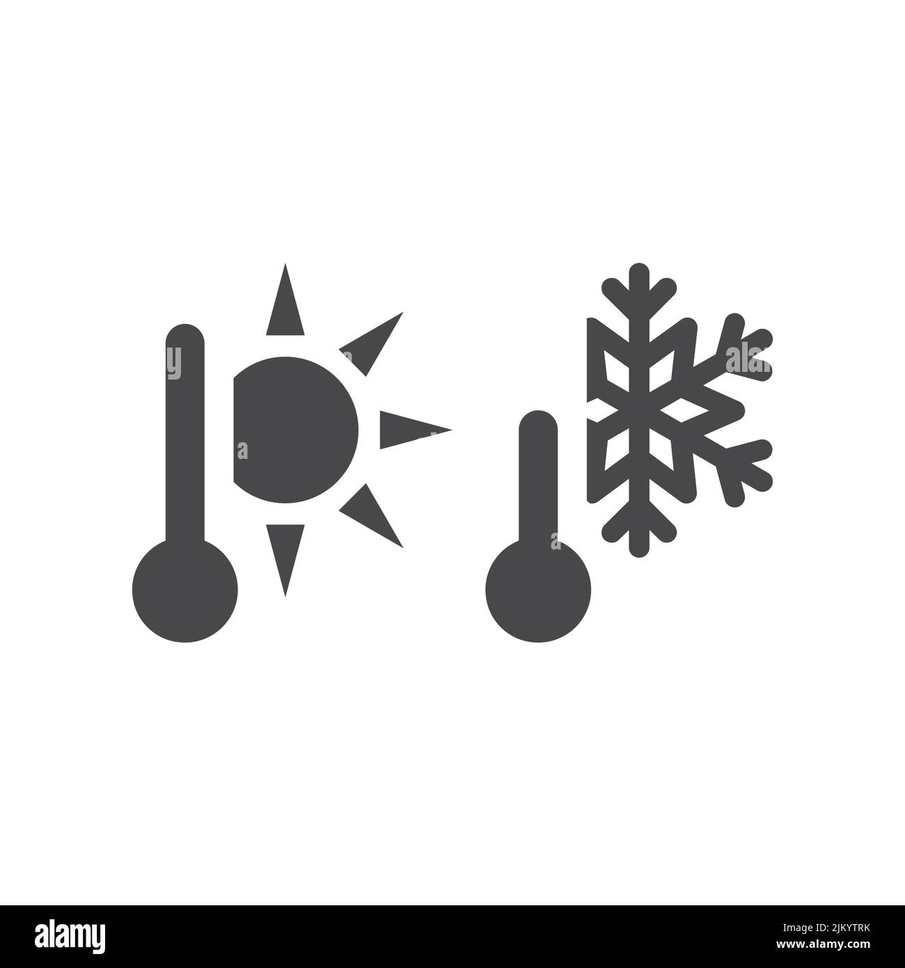 Termometro con sole e simbolo di fiocco di neve. Meteo vettoriale o meteorologia, simbolo riempito a caldo e a freddo. Illustrazione Vettoriale