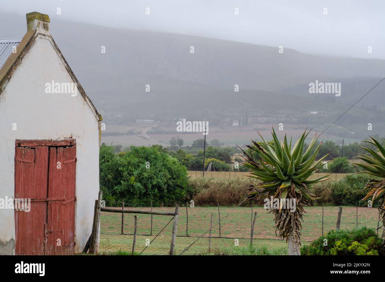 Una vecchia cabina bianca nel campo Foto Stock