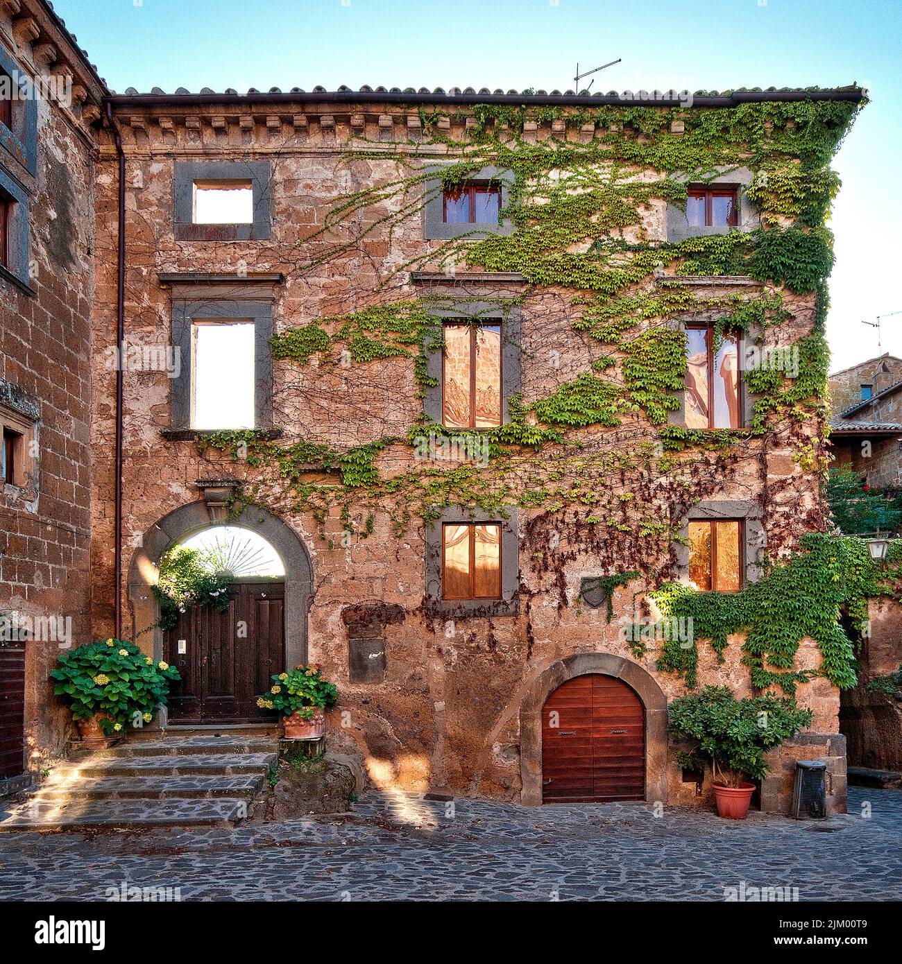 Un edificio in pietra decadente con viti che ricoprono le mura a Civita di Bagnoregio Foto Stock