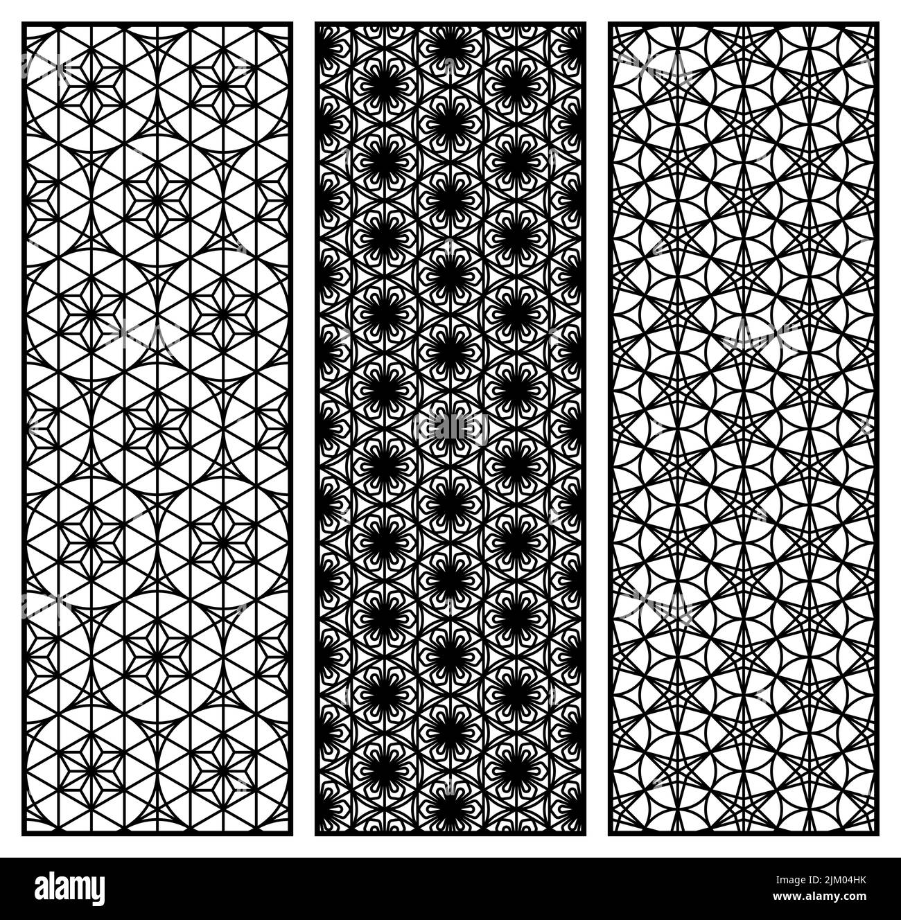 Un insieme di tre modelli nei pannelli geometrici giapponesi in stile Kumiko con motivi basati su un reticolo esagonale. Il rapporto è 3x1. Per metallo, legno, Illustrazione Vettoriale